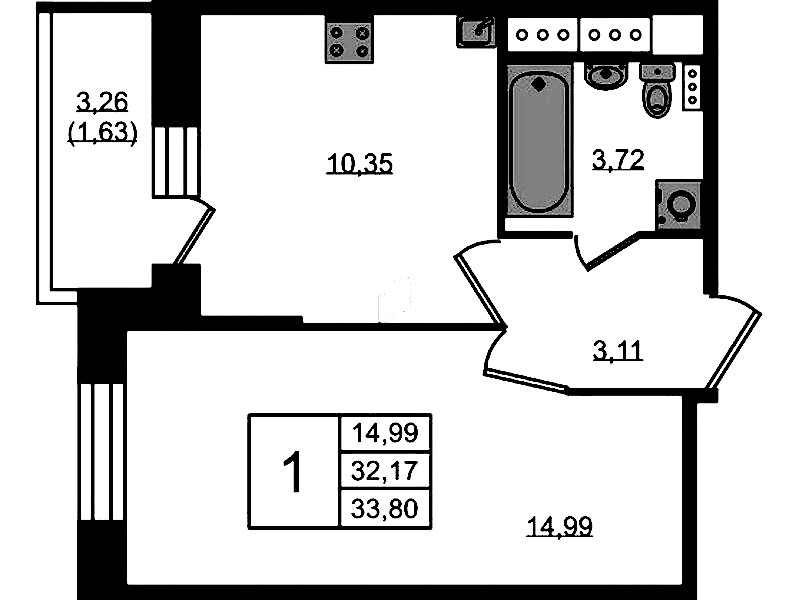1-комнатная квартира 33.8 м², 3/11 эт., ЖК «Новое Колпино»